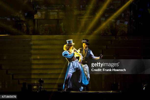 Swiss singer DJ Bobo performs with his wife Nancy Baumann live during a concert at the Mercedes-Benz Arena on April 22, 2017 in Berlin, Germany.