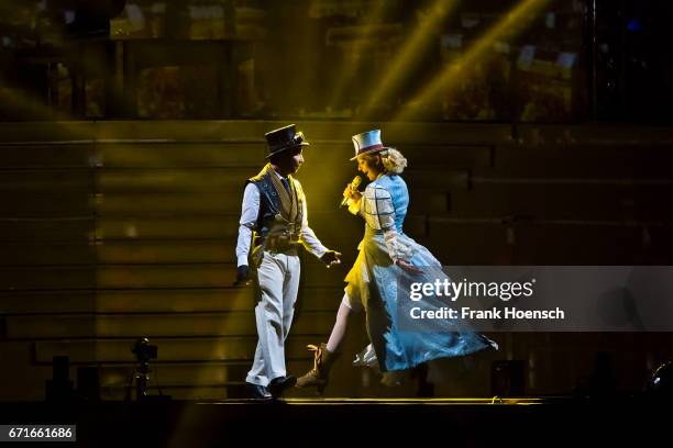 Swiss singer DJ Bobo performs with his wife Nancy Baumann live during a concert at the Mercedes-Benz Arena on April 22, 2017 in Berlin, Germany.