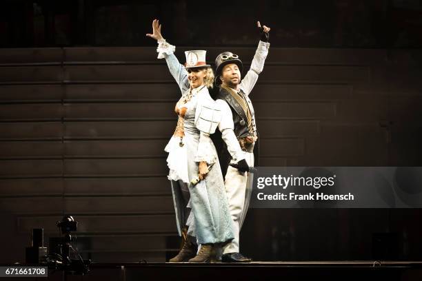 Swiss singer DJ Bobo performs with his wife Nancy Baumann live during a concert at the Mercedes-Benz Arena on April 22, 2017 in Berlin, Germany.