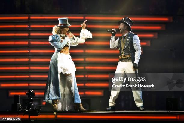 Swiss singer DJ Bobo performs with his wife Nancy Baumann live during a concert at the Mercedes-Benz Arena on April 22, 2017 in Berlin, Germany.