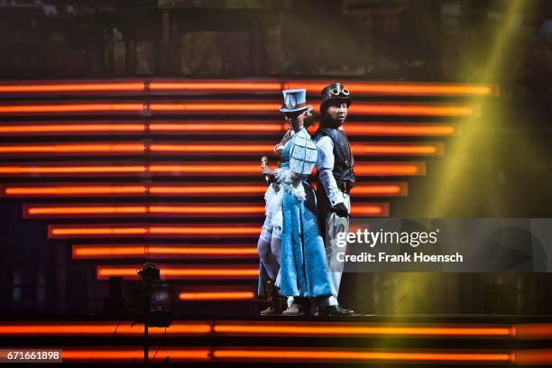 Swiss singer DJ Bobo performs with his wife Nancy Baumann live during a concert at the Mercedes-Benz Arena on April 22, 2017 in Berlin, Germany.