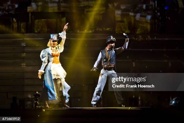 Swiss singer DJ Bobo performs with his wife Nancy Baumann live during a concert at the Mercedes-Benz Arena on April 22, 2017 in Berlin, Germany.