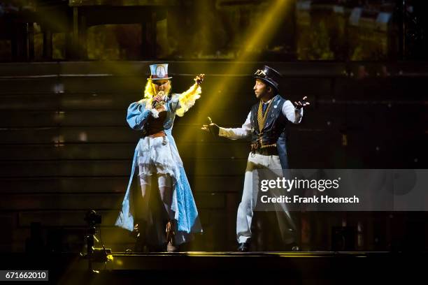 Swiss singer DJ Bobo performs with his wife Nancy Baumann live during a concert at the Mercedes-Benz Arena on April 22, 2017 in Berlin, Germany.