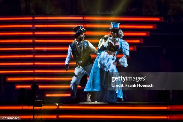 Swiss singer DJ Bobo performs with his wife Nancy Baumann live during a concert at the Mercedes-Benz Arena on April 22, 2017 in Berlin, Germany.