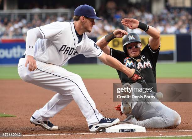 Wil Myers of the San Diego Padres loses the ball as Derek Dietrich of the Miami Marlins gets back to first base during the fifth inning of a baseball...