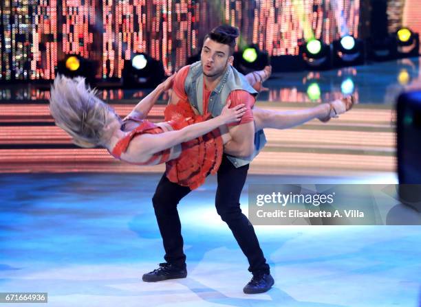 Italian judoka Fabio Basile and his dance partner Anastasia Kuzmina perform on the Italian TV show 'Ballando Con Le Stelle' at Auditorium Rai on...