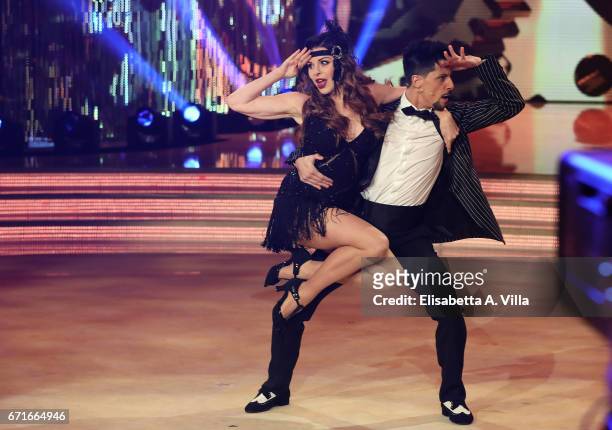 Alba Parietti and her dance partner Marcello Nuzio attend the Italian TV show 'Ballando Con Le Stelle' at Auditorium Rai on April 22, 2017 in Rome,...