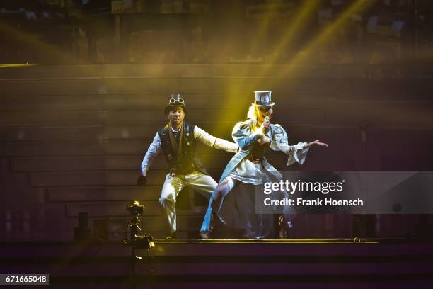 Swiss singer DJ Bobo performs with his wife Nancy Baumann live during a concert at the Mercedes-Benz Arena on April 22, 2017 in Berlin, Germany.