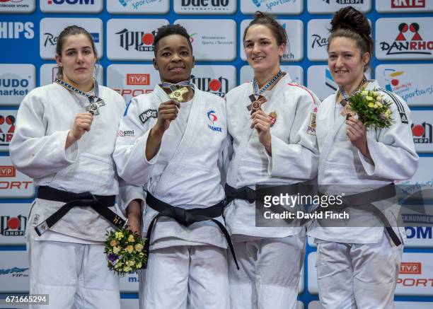 Under 78kg medallists L-R: Silver; Guusje Steenhuis , Gold; Audrey Tcheumeo , Bronzes; Abigel Joo and Natalie Powell during the 2017 Warsaw European...