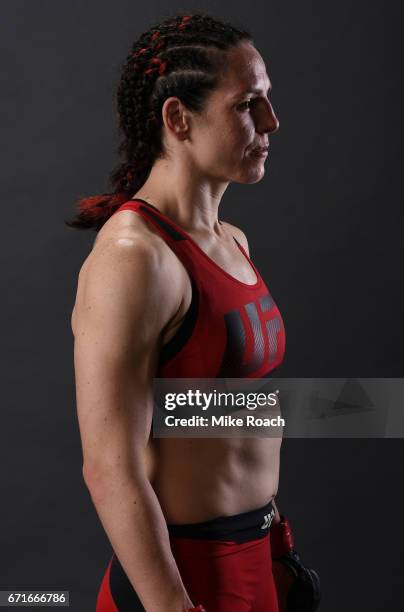 Alexis Davis of the Canada poses for a portrait backstage after her victory over Cindy Dandois during the UFC Fight Night event at Bridgestone Arena...