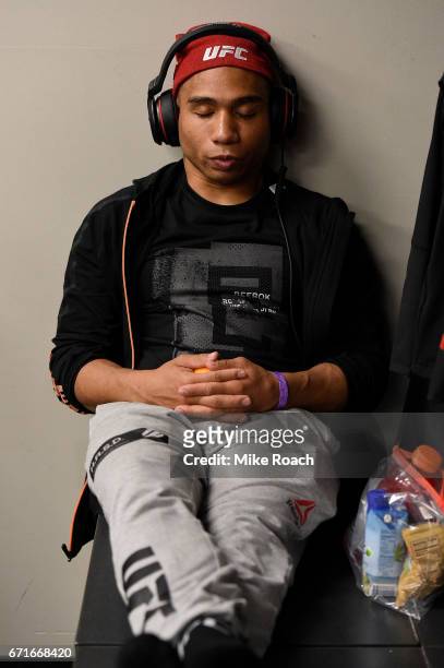 John Dodson relaxes in his locker room prior to his bout during the UFC Fight Night event at Bridgestone Arena on April 22, 2017 in Nashville,...