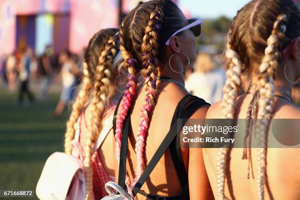 Braided hair detail of festivalgoers during day 2 of the 2017 Coachella Valley Music & Arts Festival at the Empire Polo Club on April 22, 2017 in...