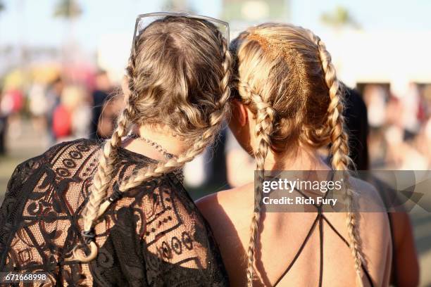 Braided hair detail of festivalgoers during day 2 of the 2017 Coachella Valley Music & Arts Festival at the Empire Polo Club on April 22, 2017 in...