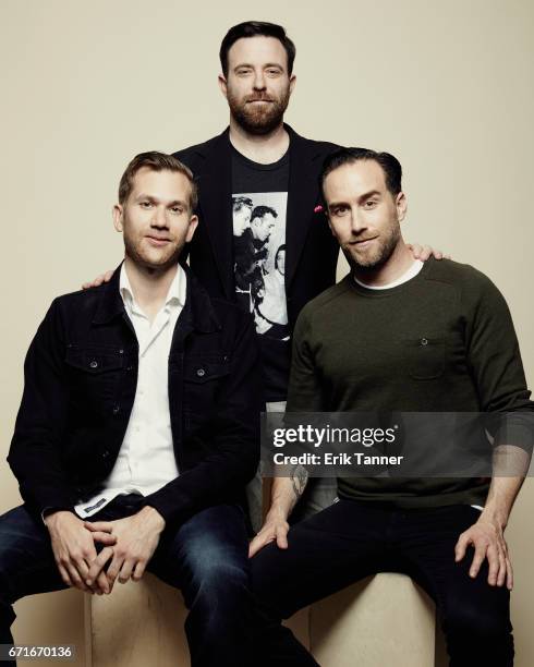 Director Aaron Moorhead, producer David Lawson, and director Justin Benson from 'The Endless' pose at the 2017 Tribeca Film Festival portrait studio...