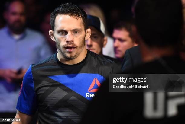 Jake Ellenberger prepares to enter the Octagon prior to his welterweight bout against Mike Perry during the UFC Fight Night event at Bridgestone...