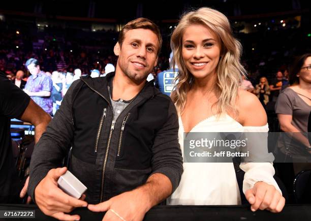 Legend Urijah Faber and strawweight contender Paige VanZant pose for a photo during the UFC Fight Night event at Bridgestone Arena on April 22, 2017...