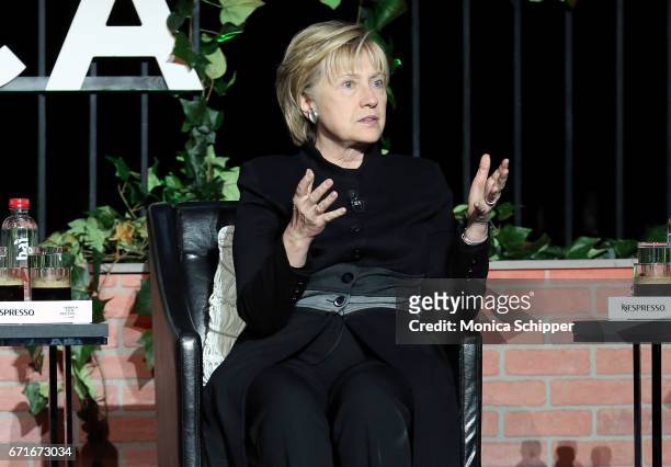 Former United States Secretary of State Hillary Clinton speaks on stage at "Tribeca Talks: Kathryn Bigelow & Imraan Ismail", during the 2017 Tribeca...