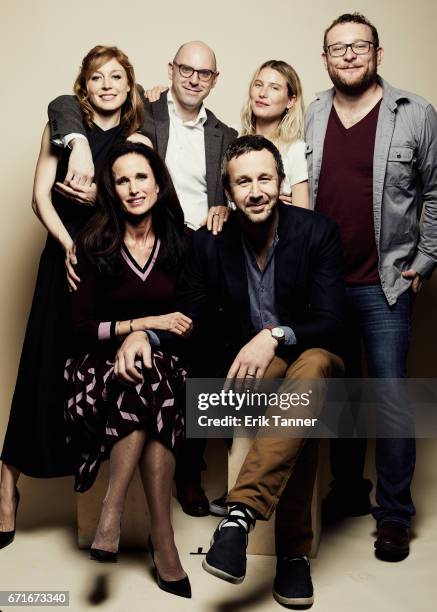 Juliet Rylance, Andie MacDowell, Russell Harbaugh, Chris O'Dowd, Dree Hemingway, and James Adomian from 'Love After Love' pose at the 2017 Tribeca...