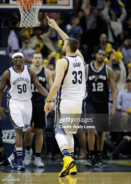 Marc Gasol of the Memphis Grizzlies celebrates after making the game winning shot against the San Antonio Spurs in game four of the Western...