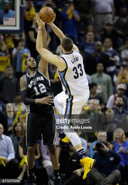 Marc Gasol of the Memphis Grizzlies shoots the game winning shot against the San Antonio Spurs in game four of the Western Conference Quarterfinals...