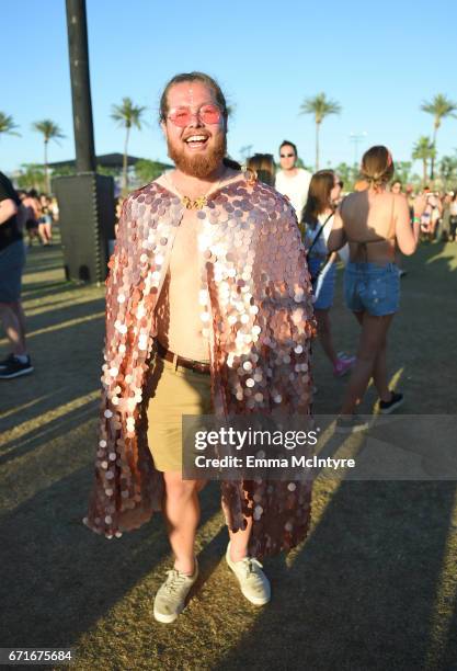 Festivalgoer wearing a sequin cape attends day 2 of the 2017 Coachella Valley Music & Arts Festival at the Empire Polo Club on April 22, 2017 in...