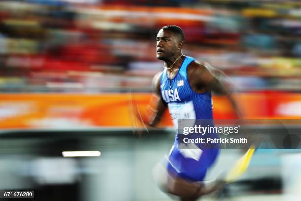 Justin Gatlin of the USA competes in the Men's 4 x 100 Meters Relay Final during the IAAF/BTC World Relays Bahamas 2017 at Thomas Robinson Stadium on...