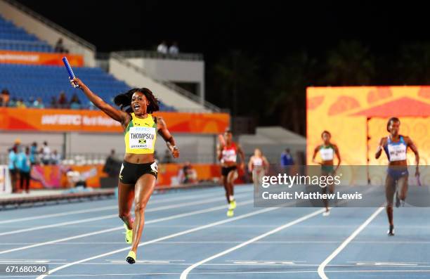 Elaine Thompson of Jamaica crosses the finisline in the Women's 4 x 200 Meters Final during the IAAF/BTC World Relays Bahamas 2017 at Thomas Robinson...