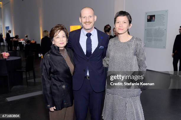 Curator Sharon Takeda, Matthew Thompson and LACMA Curator Rita Gonzalez attend LACMA 2017 Collectors Committee Gala at LACMA on April 22, 2017 in Los...