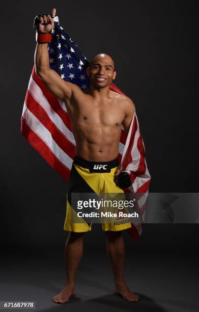 John Dodson poses for a portrait backstage after his victory over Eddie Wineland during the UFC Fight Night event at Bridgestone Arena on April 22,...
