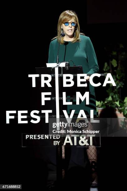 Co-founder of the Tribeca Film Festival Jane Rosenthal speaks on stage at "Tribeca Talks: Kathryn Bigelow & Imraan Ismail", during the 2017 Tribeca...