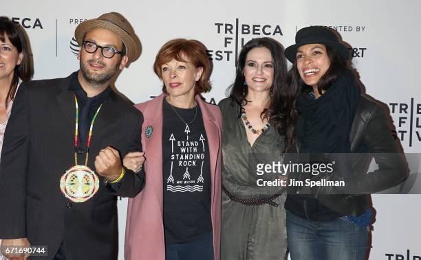Director Josh Fox, actress Frances Fisher, TV personality Nomiki Konst and Rosario Dawson attend "Awake: A Dream From Standing Rock" during the 2017...