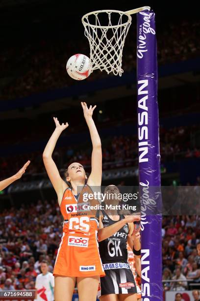 Jo Harten of the Giants shoots during the round nine Super Netball match between the Giants and the Magpies at Qudos Bank Arena on April 23, 2017 in...