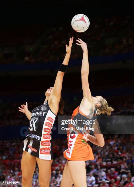 Jo Harten of the Giants competes with Sharni Layton of the Magpies during the round nine Super Netball match between the Giants and the Magpies at...