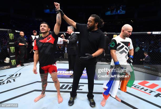 Cub Swanson reacts after his unanimous-decision victory over Artem Lobov of Russia in their featherweight bout during the UFC Fight Night event at...