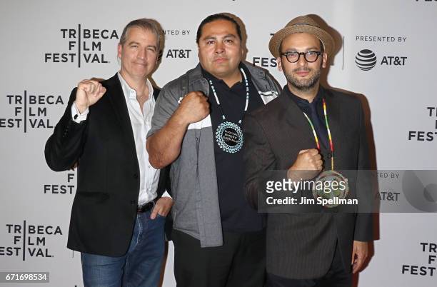 Filmmakers James Spione, Myron Dewey, director Josh Fox attend the "Awake: A Dream From Standing Rock" during the 2017 Tribeca Film Festival at...