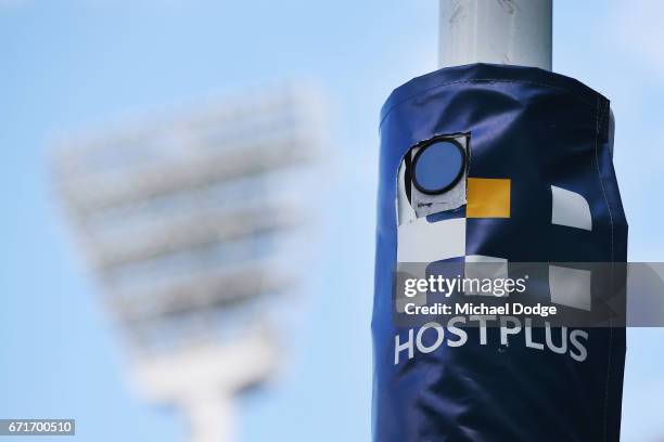 The video replay camera is seen on the goal post during the round five AFL match between the Hawthorn Hawks and the West Coast Eagles at Melbourne...