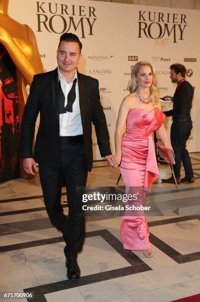 Andreas Gabalier and his girlfriend Silvia Schneider during the ROMY award at Hofburg Vienna on April 22, 2017 in Vienna, Austria.