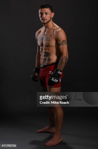 Cub Swanson poses for a portrait backstage after his victory over Artem Lobov during the UFC Fight Night event at Bridgestone Arena on April 22, 2017...