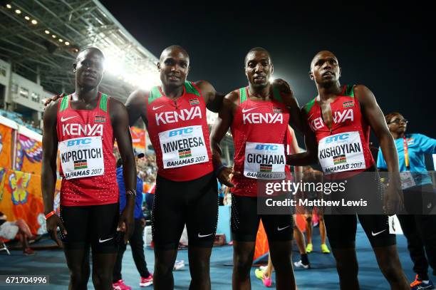 Collins Omae Gichana, Boniface Ontuga Mweresa, Geoffrey Kiprotich and Alphas Leken Kishoyian of Kenya pose after heat three of the Men's 4 x 400...