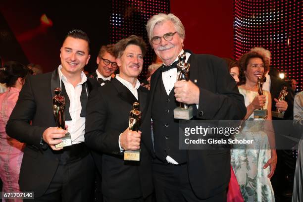 Andreas Gabalier, Tobias Moretti and Peter Simonischek with award during the ROMY award at Hofburg Vienna on April 22, 2017 in Vienna, Austria.