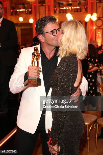Hans Sigl and his wife Susanne Sigl with award during the ROMY award at Hofburg Vienna on April 22, 2017 in Vienna, Austria.