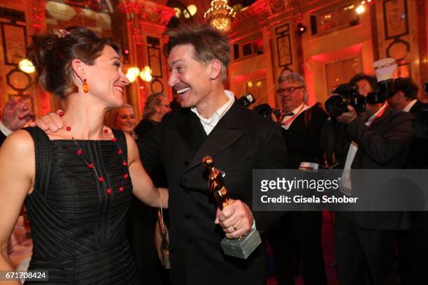 Tobias Moretti and his wife Julia Moretti with award during the ROMY award at Hofburg Vienna on April 22, 2017 in Vienna, Austria.