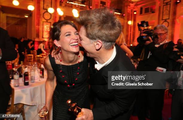 Tobias Moretti and his wife Julia Moretti with award during the ROMY award at Hofburg Vienna on April 22, 2017 in Vienna, Austria.