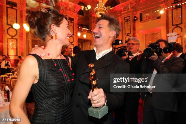 Tobias Moretti and his wife Julia Moretti with award during the ROMY award at Hofburg Vienna on April 22, 2017 in Vienna, Austria.