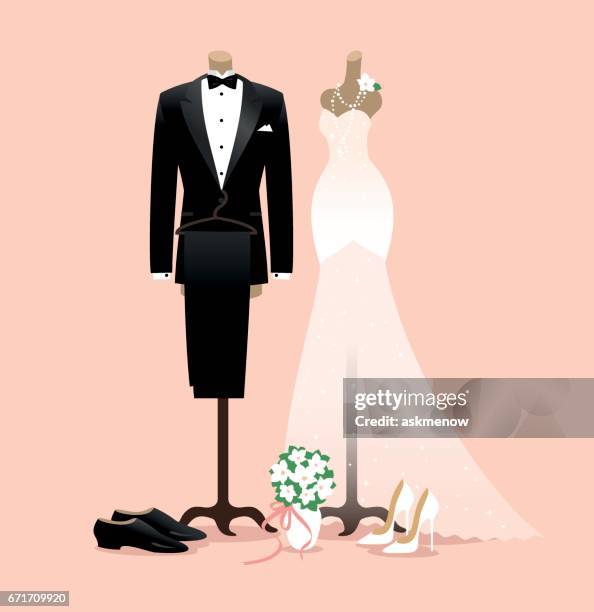 ilustraciones, imágenes clip art, dibujos animados e iconos de stock de novia y trajes de boda novio - novios