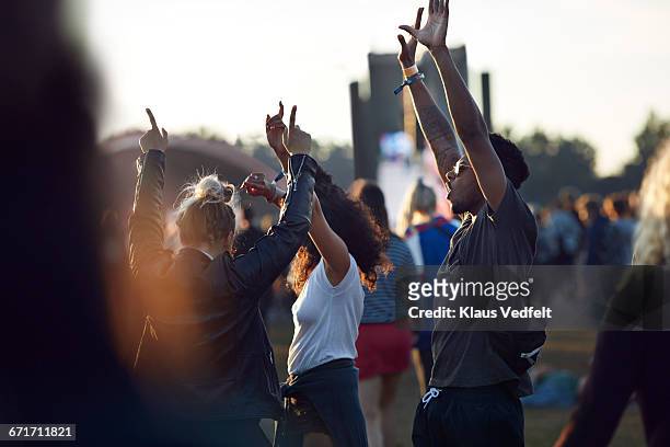 friends with arms in the air at festival concert - crowd cheering stock pictures, royalty-free photos & images