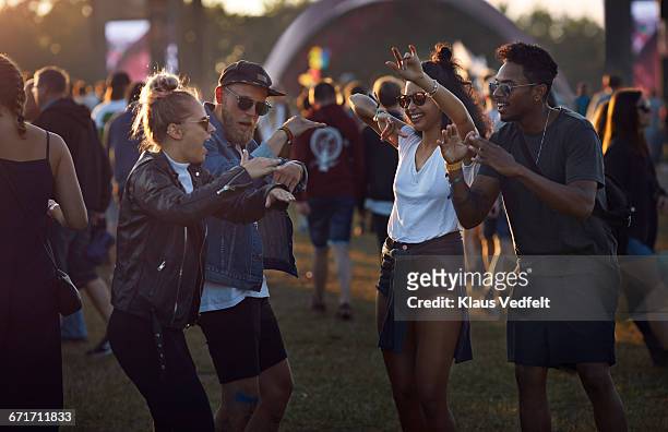 friends dancing together at big festival - day 4 stock-fotos und bilder
