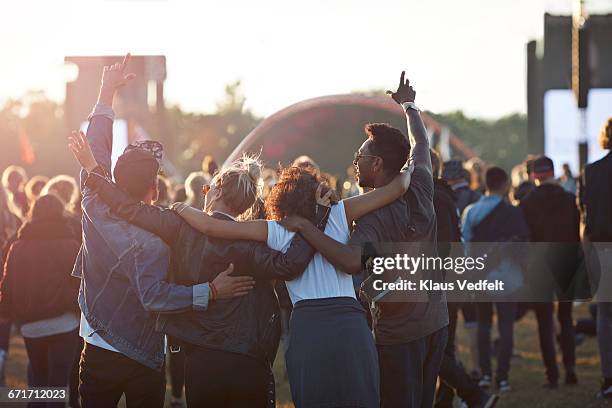 friends with arms in the air at festival concert - sports venue stock-fotos und bilder