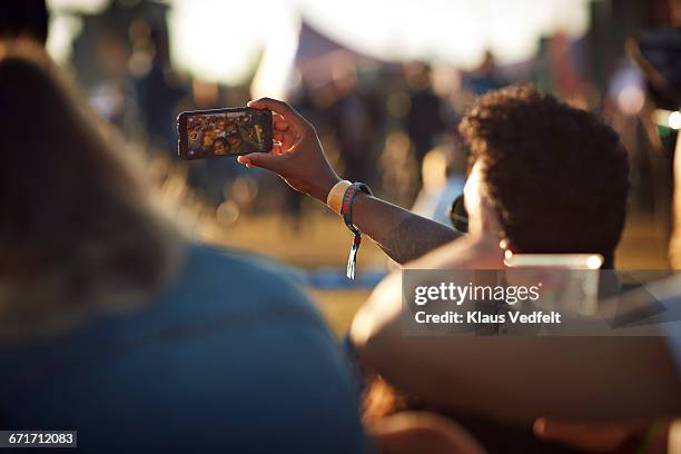 friends making selfie at big festival concert - publikum von hinten stock-fotos und bilder