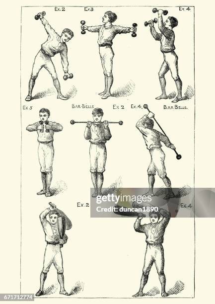 ilustraciones, imágenes clip art, dibujos animados e iconos de stock de victorianos chicos trabajando con mancuernas y pesas - entrenamiento con pesas